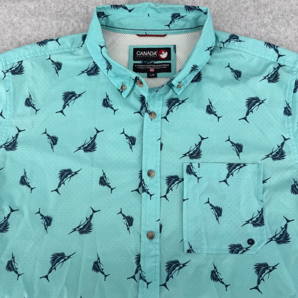 Canada Weathergear Mens Large Marlin Fish Print Button Down Shirt Aqua Turquoise